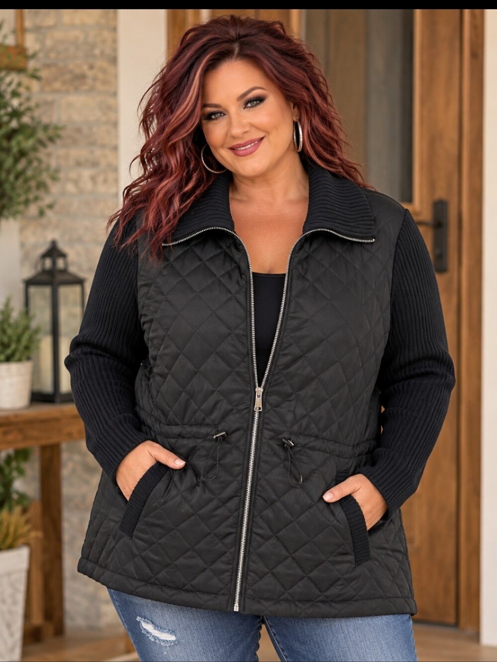 Jones New York Quilted Black Zip-Front Jacket with Knit Sleeves